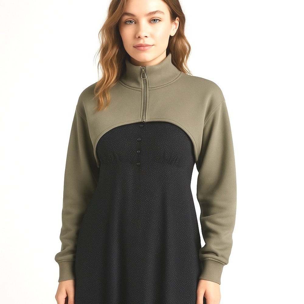 Zara Cropped Olive Green‎ Half Zip Mock Neck Long Sleeve Top Bolero Shrug 68-47